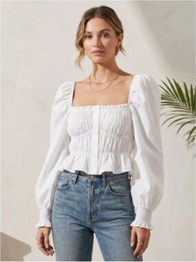 Astr The Label White Smocked Puff Sleeve Peplum Top Sz Large